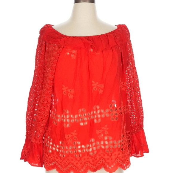 Johnny Was Bohemian Red Lilith Eyelet Rayon Top XL - Picture 1 of 7
